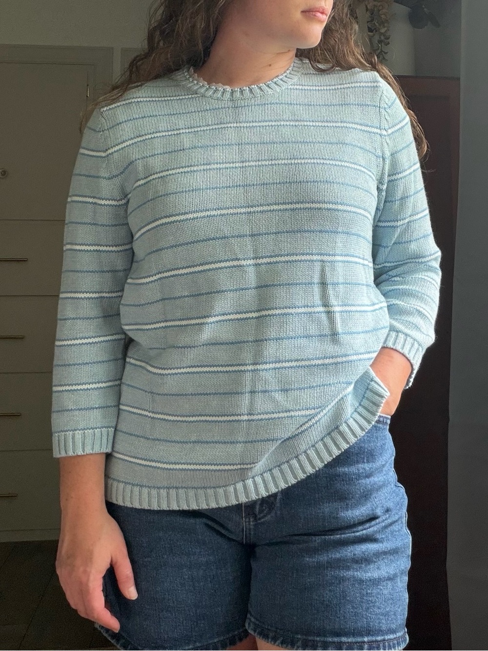 100% cotton Light Blue Striped Women’s Knit Sweater